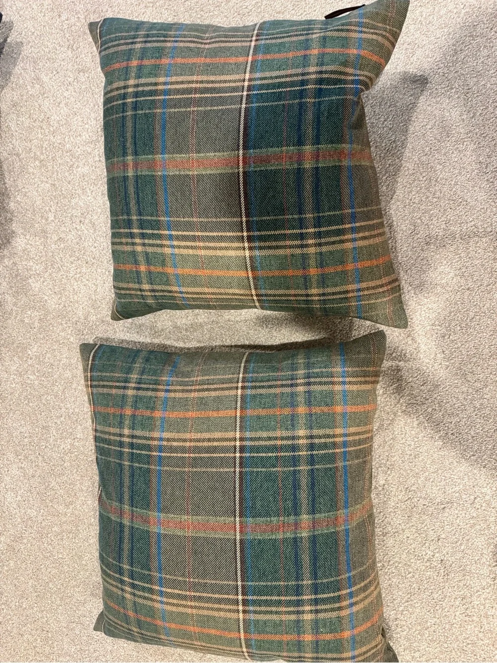Pottery Barn Qty 2 Plaid Green Accent Throw Pillows 20”w/Down Inserts. Like new.